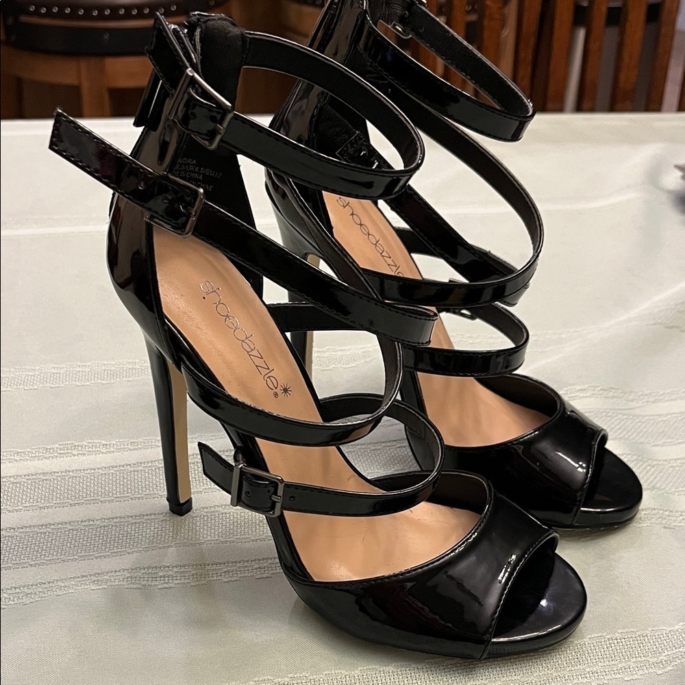 Shoe Dazzle Glossy Black Strappy Heels Size 6.5